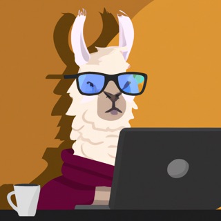 Illustration of an alpaca in glasses working at a laptop
